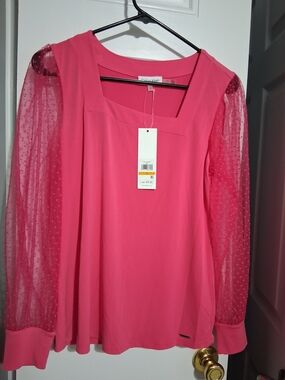 Bright Pink Blouse with Sheer Polka Dot Sleeves